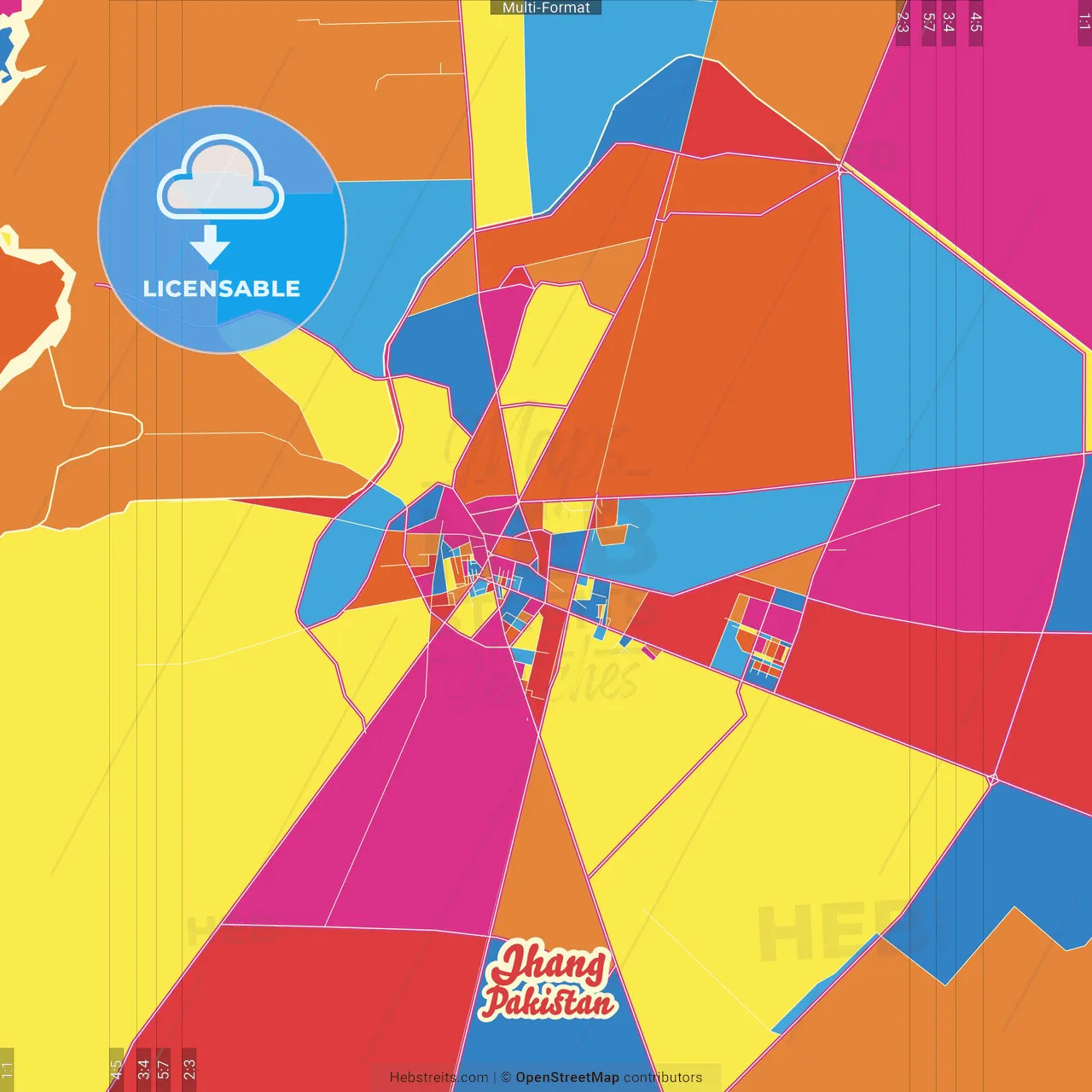 Jhang, Punjab, Pakistan Crazy Colorful Street Map Poster Template