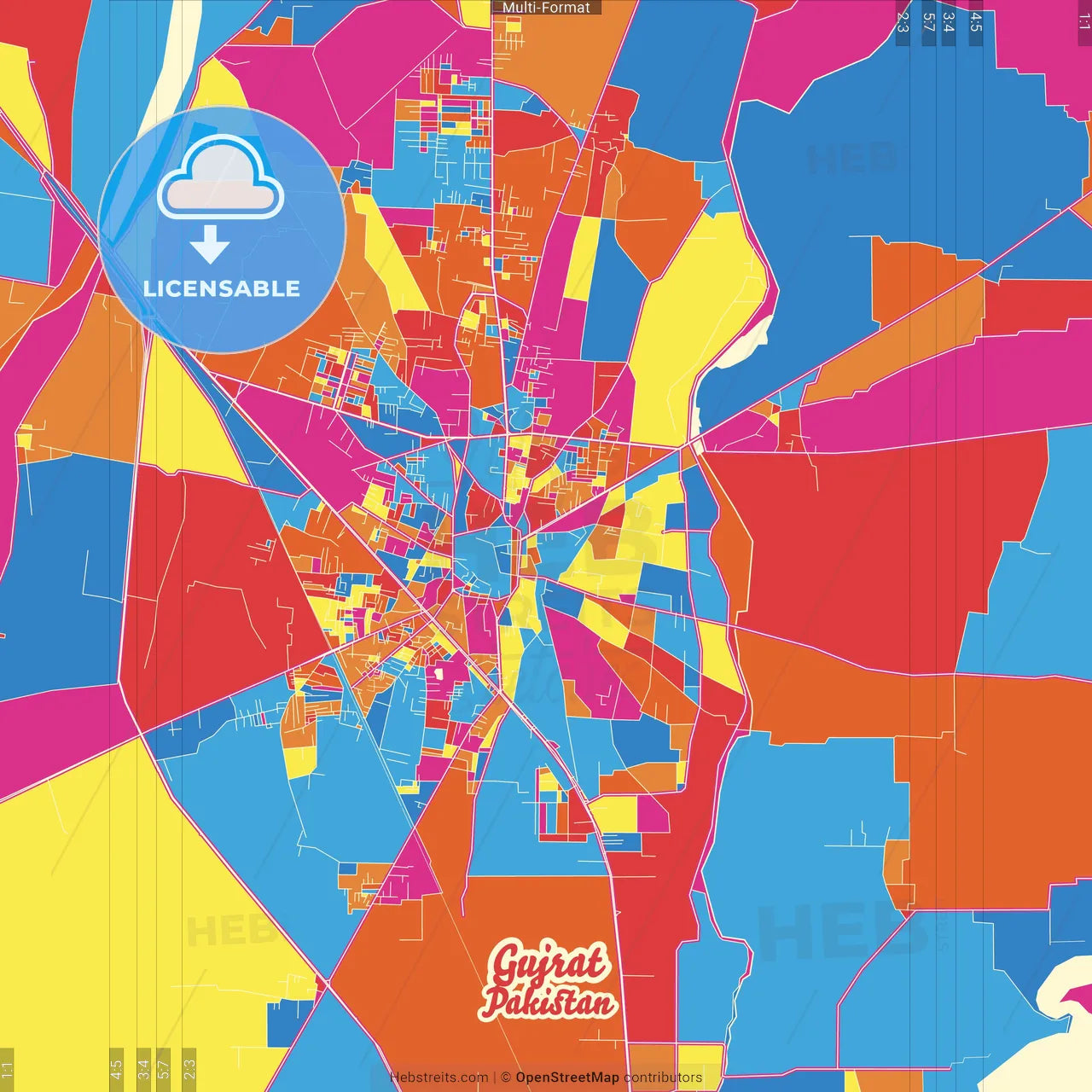 Gujrat, Punjab, Pakistan Crazy Colorful Street Map Poster Template