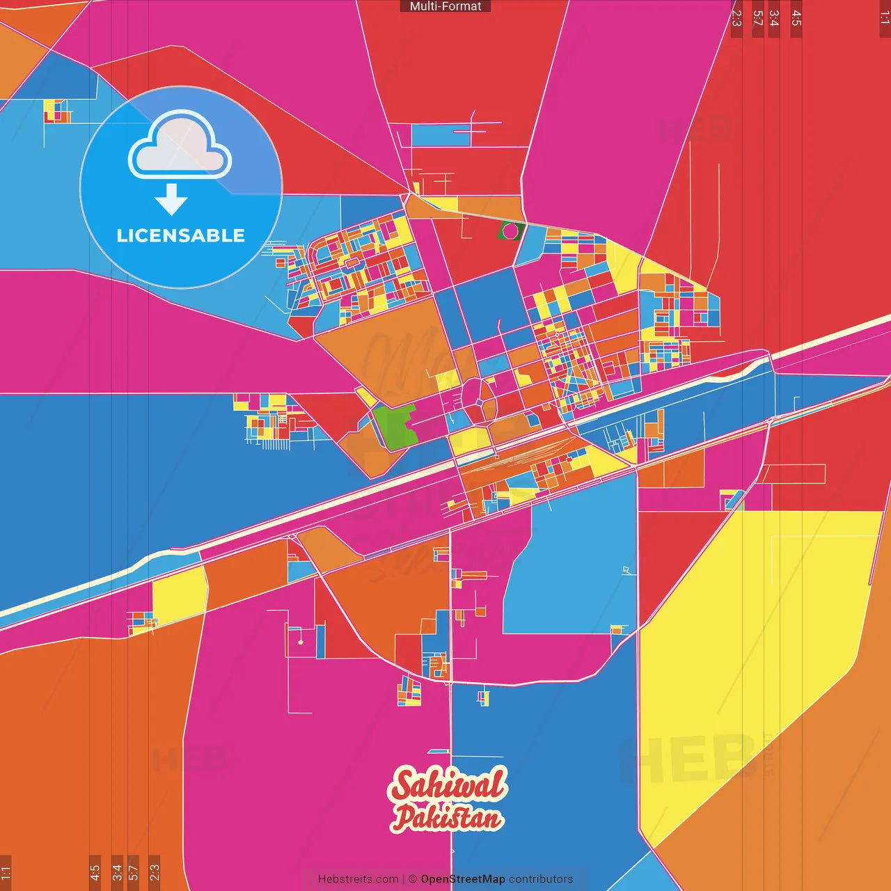 Sahiwal, Punjab, Pakistan Crazy Colorful Street Map Poster Template