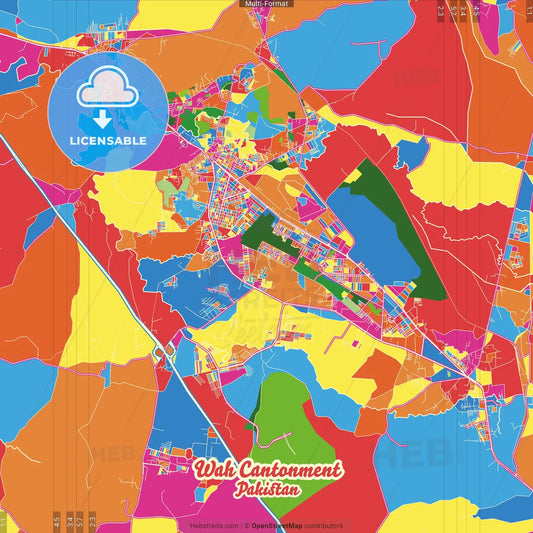 Wah Cantonment, Punjab, Pakistan Crazy Colorful Street Map Poster Template