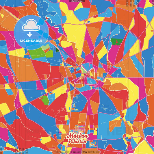 Mardan, Khyber Pakhtunkhwa, Pakistan Crazy Colorful Street Map Poster Template