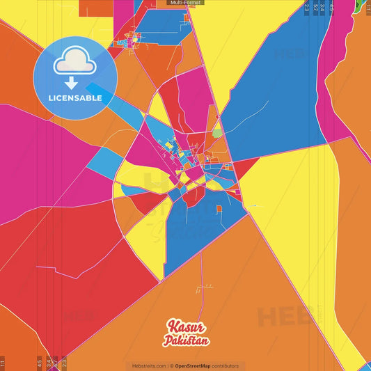 Kasur, Punjab, Pakistan Crazy Colorful Street Map Poster Template