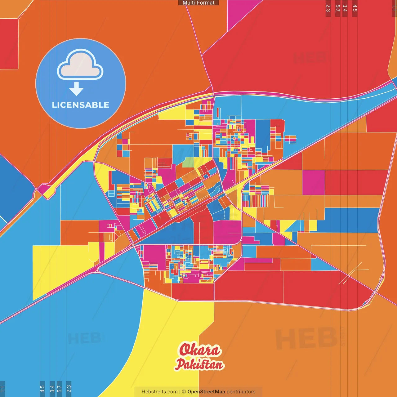 Okara, Punjab, Pakistan Crazy Colorful Street Map Poster Template