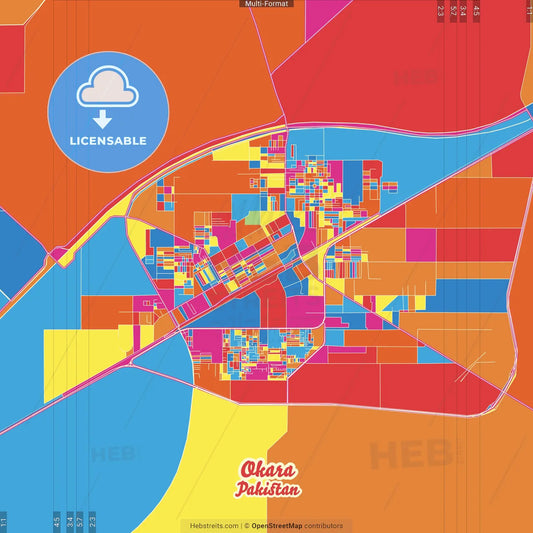 Okara, Punjab, Pakistan Crazy Colorful Street Map Poster Template
