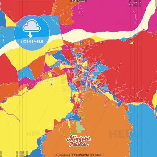 Mingora, Khyber Pakhtunkhwa, Pakistan Crazy Colorful Street Map Poster Template
