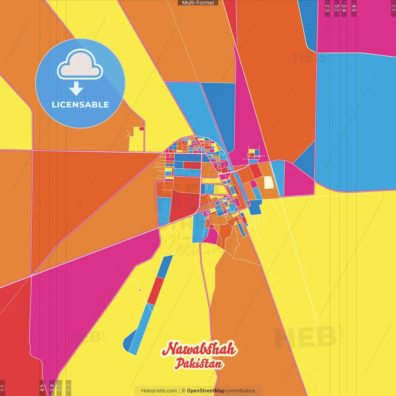 Nawabshah, Sindh, Pakistan Crazy Colorful Street Map Poster Template