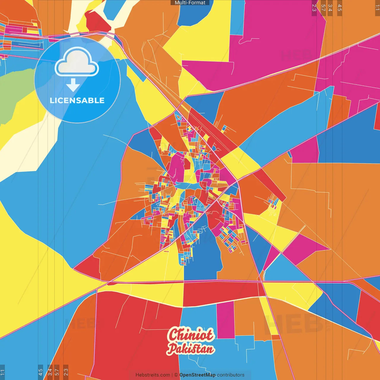 Chiniot, Punjab, Pakistan Crazy Colorful Street Map Poster Template