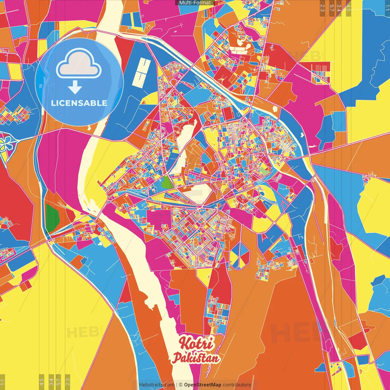 Kotri, Sindh, Pakistan Crazy Colorful Street Map Poster Template