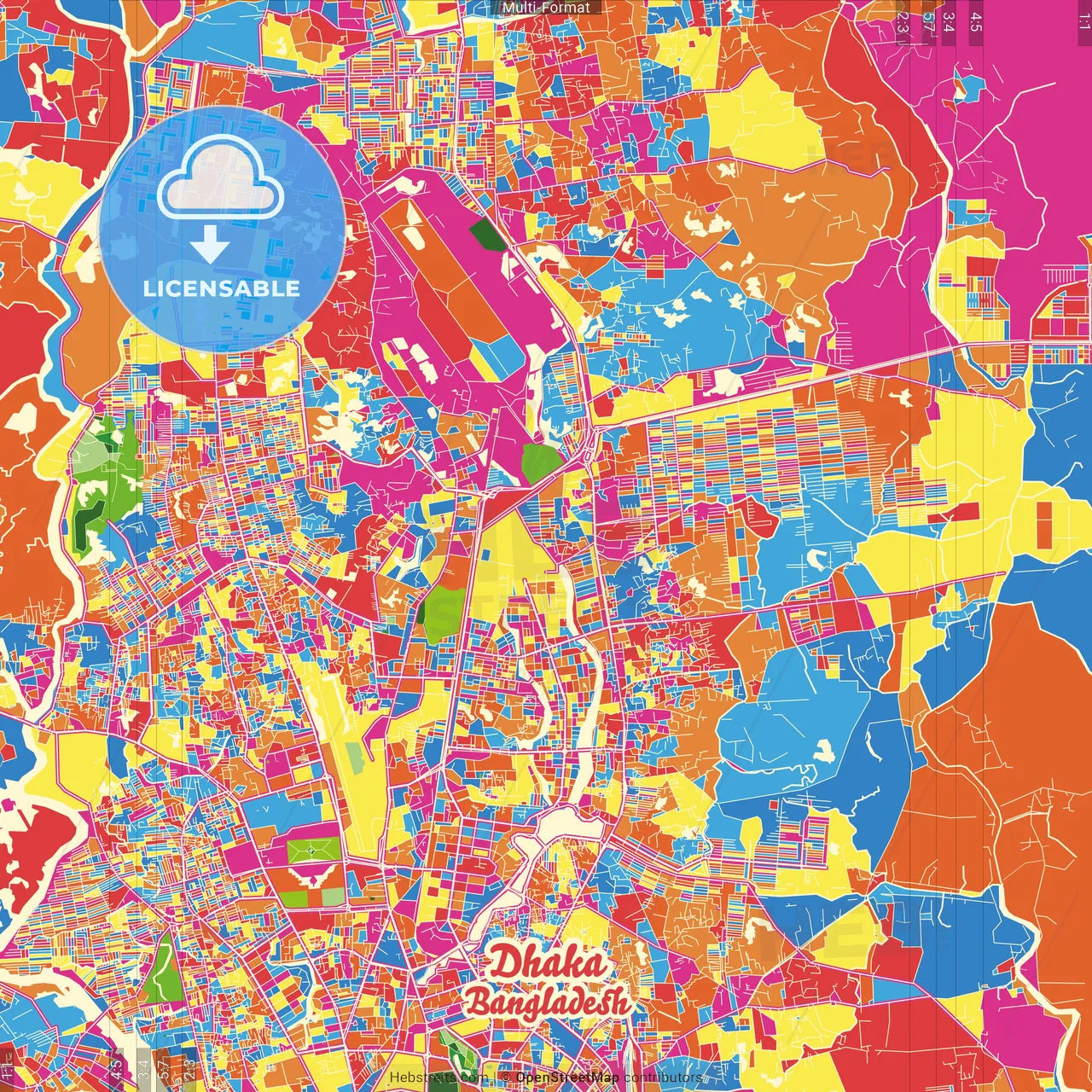 Dhaka, Dhaka, Bangladesh Crazy Colorful Street Map Poster Template