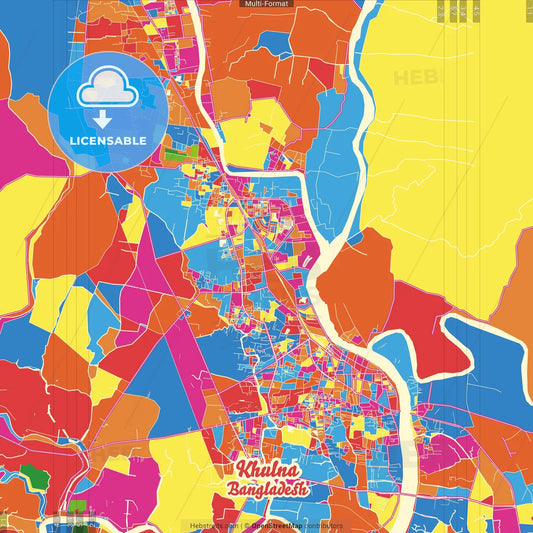 Khulna, Khulna, Bangladesh Crazy Colorful Street Map Poster Template