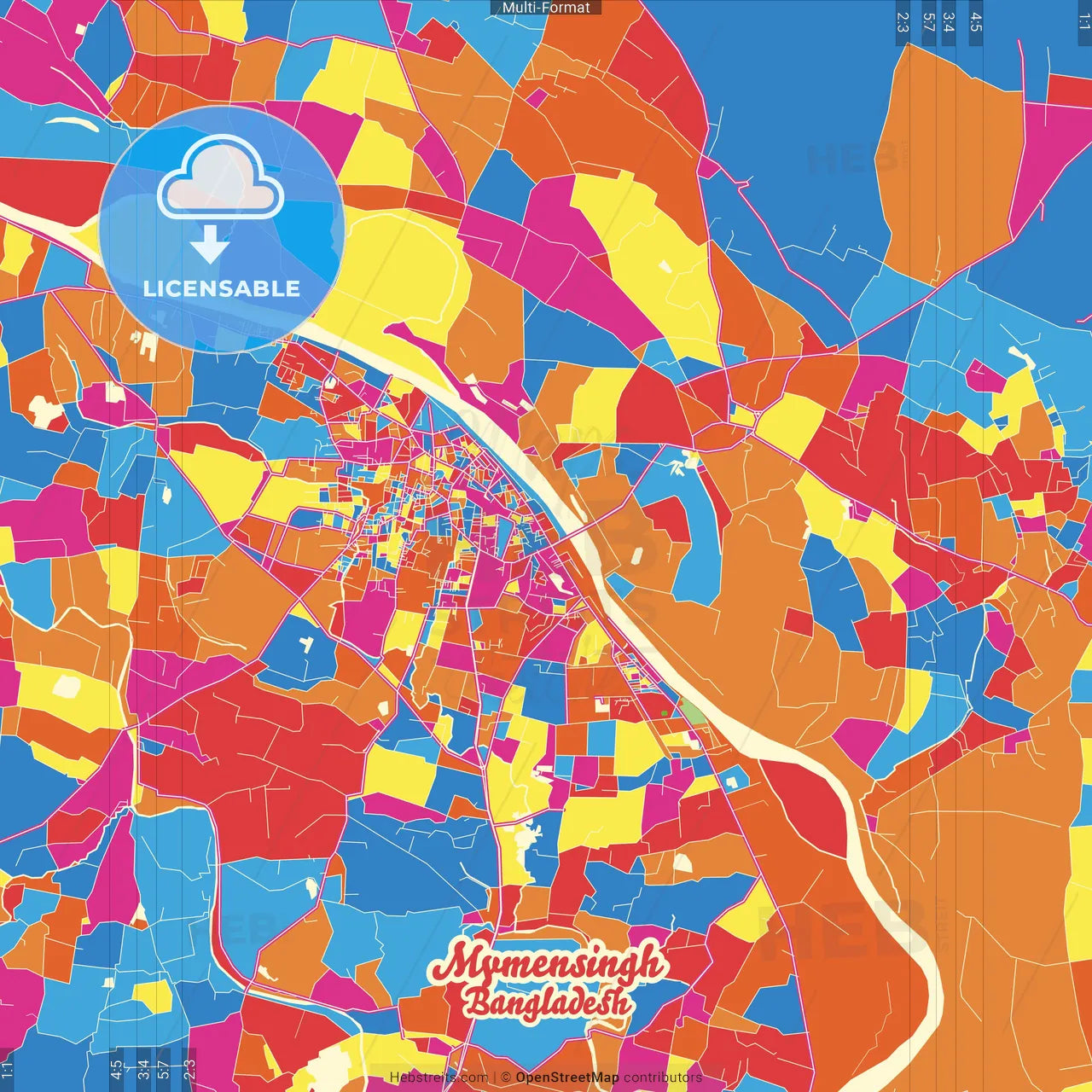 Mymensingh, Mymensingh, Bangladesh Crazy Colorful Street Map Poster Template
