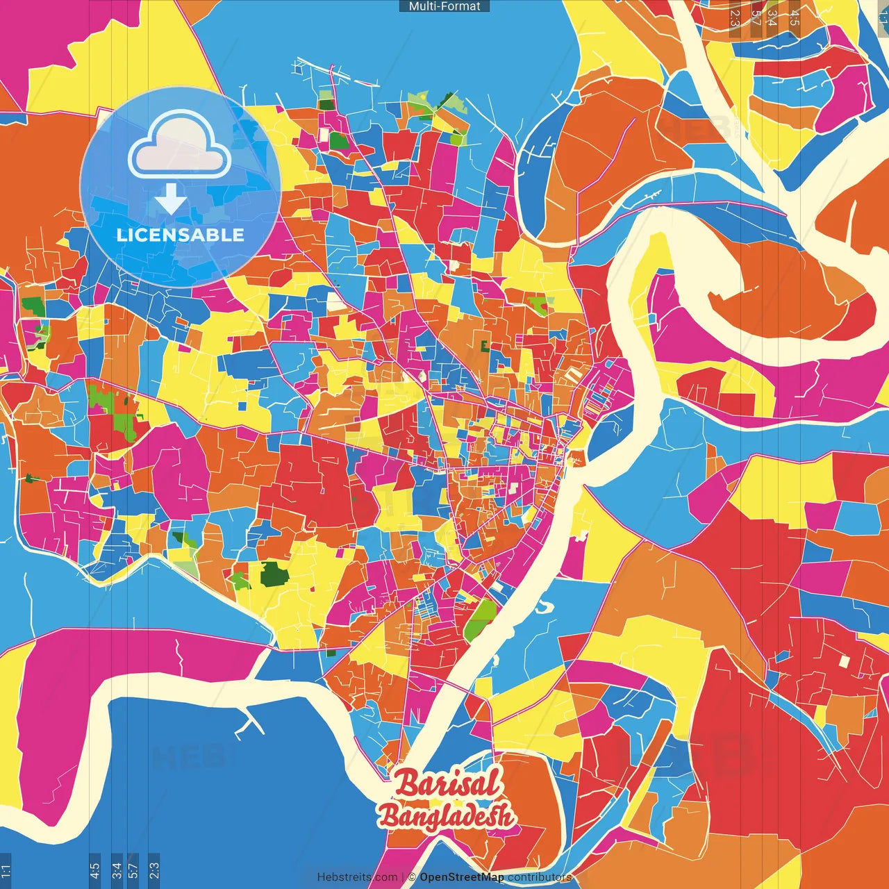 Barisal, Barisal, Bangladesh Crazy Colorful Street Map Poster Template