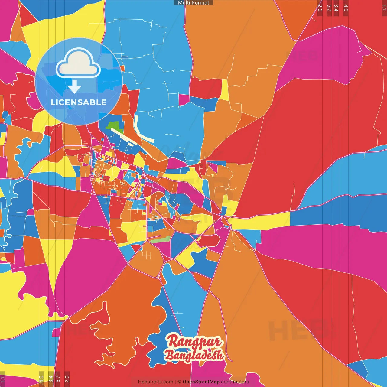 Rangpur, Rangpur, Bangladesh Crazy Colorful Street Map Poster Template