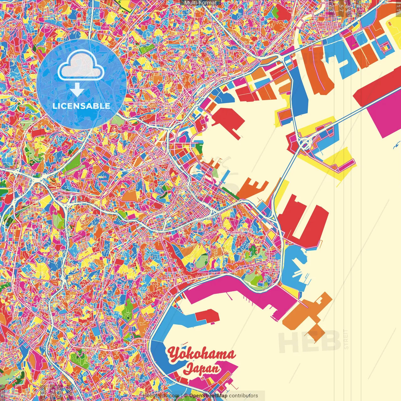 Yokohama, Kanagawa, Japan Crazy Colorful Street Map Poster Template