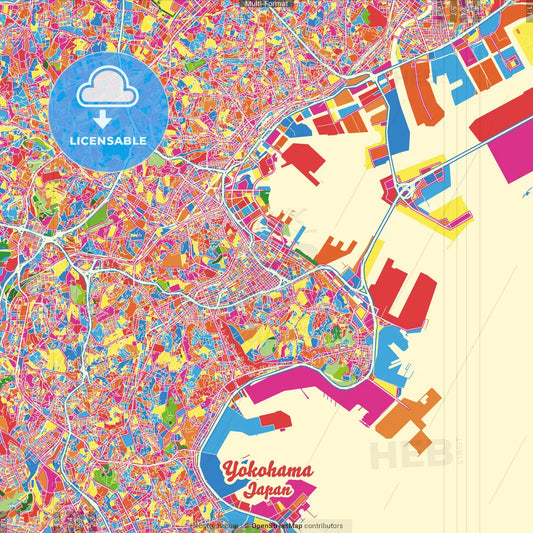 Yokohama, Kanagawa, Japan Crazy Colorful Street Map Poster Template