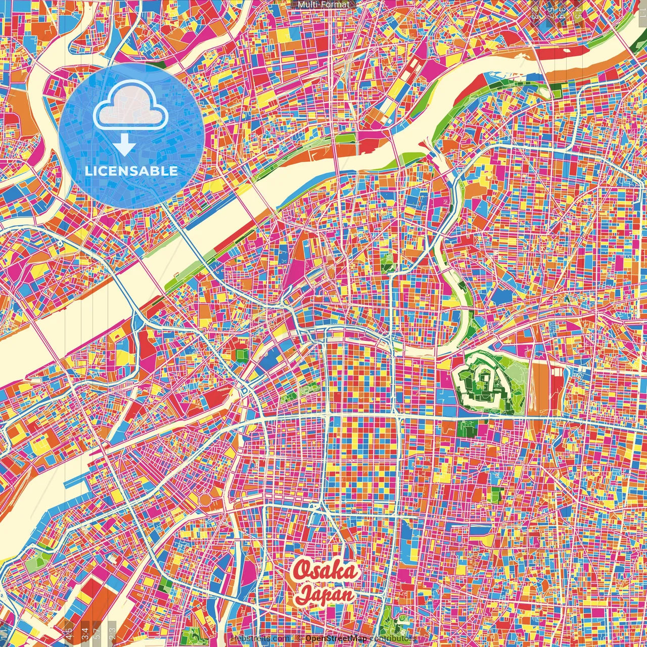 Osaka, Osaka, Japan Crazy Colorful Street Map Poster Template