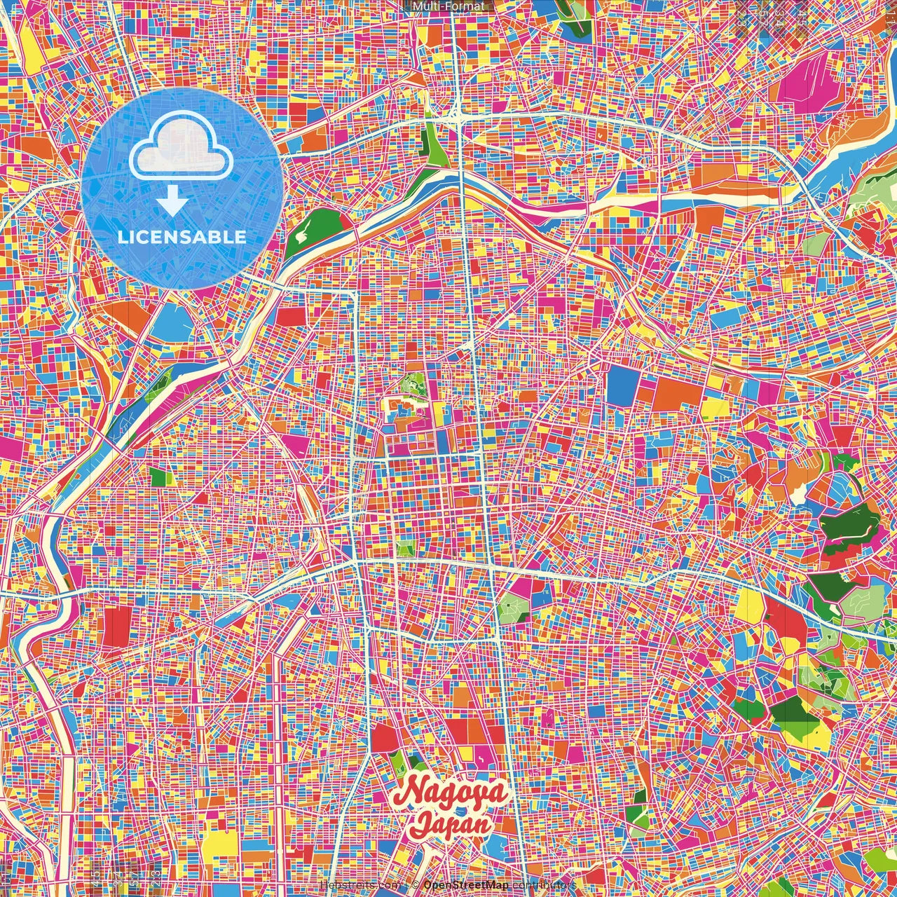 Nagoya, Aichi, Japan Crazy Colorful Street Map Poster Template