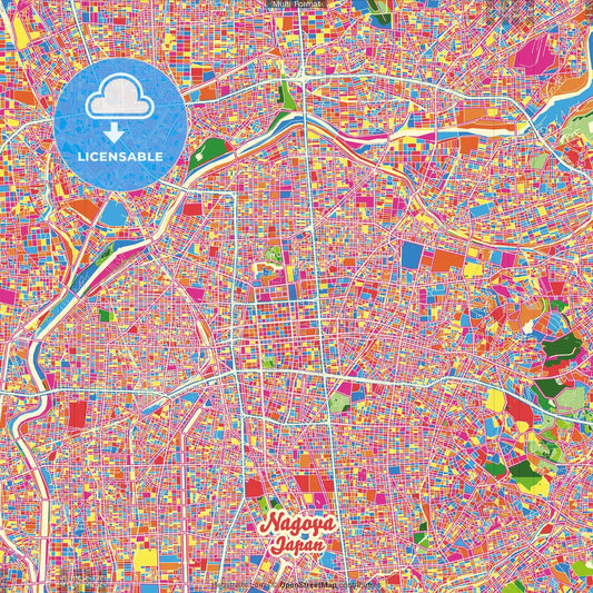 Nagoya, Aichi, Japan Crazy Colorful Street Map Poster Template
