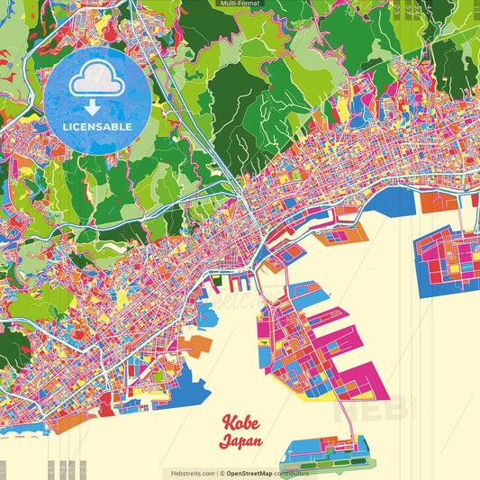 Kobe, Hyōgo, Japan Crazy Colorful Street Map Poster Template