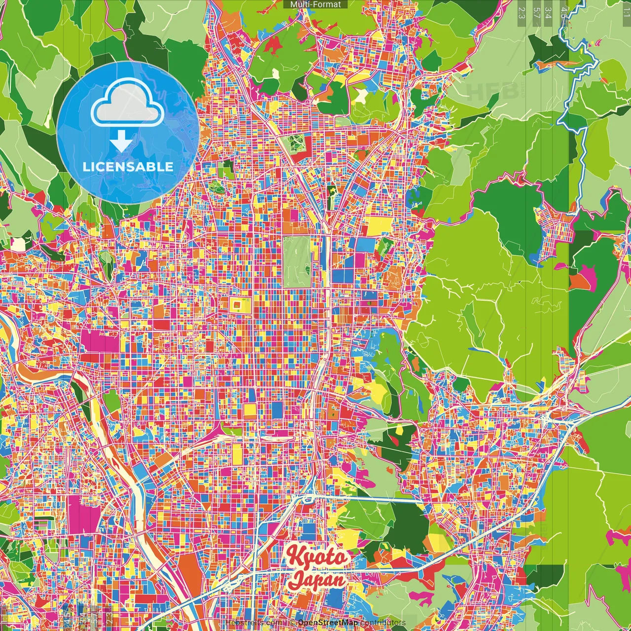 Kyoto, Kyoto, Japan Crazy Colorful Street Map Poster Template