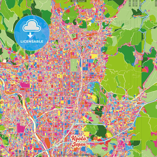 Kyoto, Kyoto, Japan Crazy Colorful Street Map Poster Template