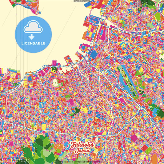 Fukuoka, Fukuoka, Japan Crazy Colorful Street Map Poster Template