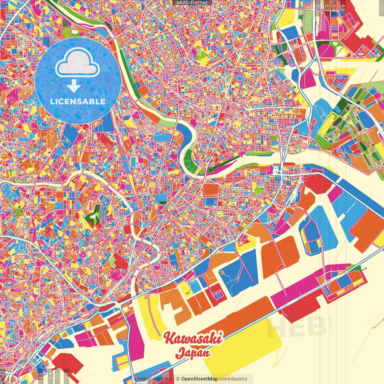 Kawasaki, Kanagawa, Japan Crazy Colorful Street Map Poster Template