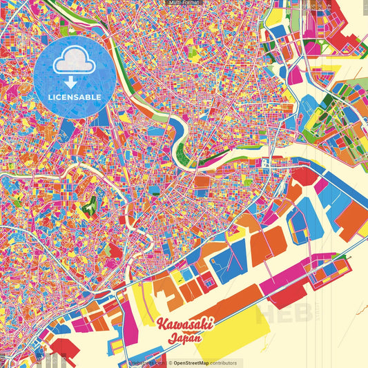 Kawasaki, Kanagawa, Japan Crazy Colorful Street Map Poster Template