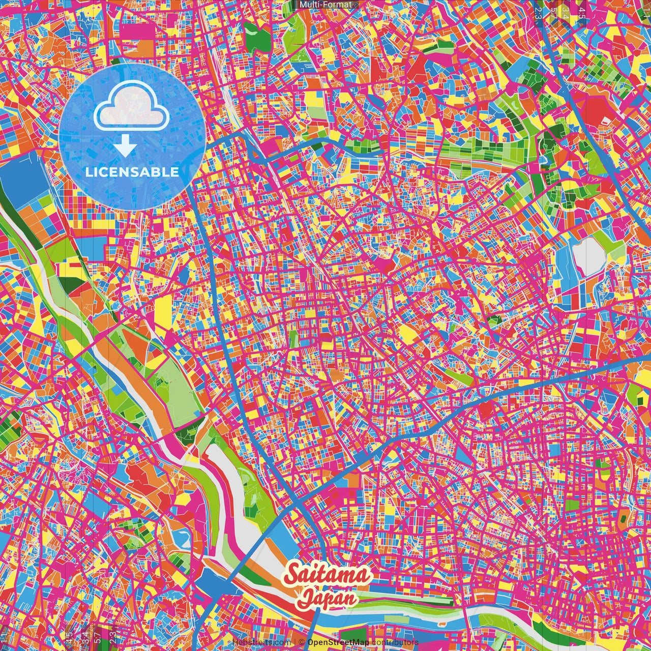 Saitama, Saitama, Japan Crazy Colorful Street Map Poster Template