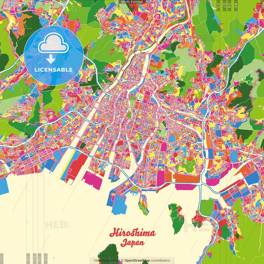 Hiroshima, Hiroshima, Japan Crazy Colorful Street Map Poster Template