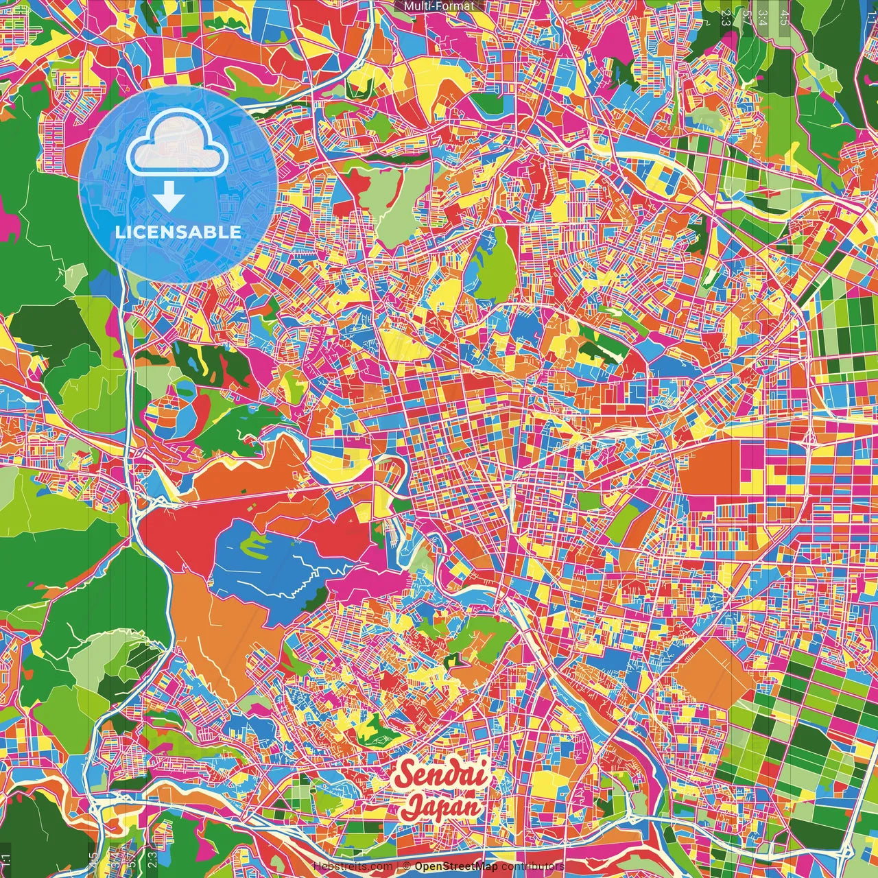 Sendai, Miyagi, Japan Crazy Colorful Street Map Poster Template