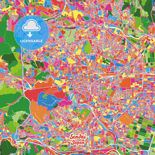 Sendai, Miyagi, Japan Crazy Colorful Street Map Poster Template