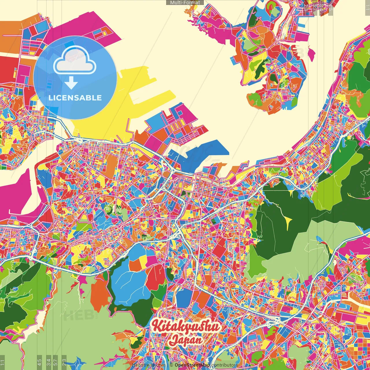 Kitakyushu, Fukuoka, Japan Crazy Colorful Street Map Poster Template
