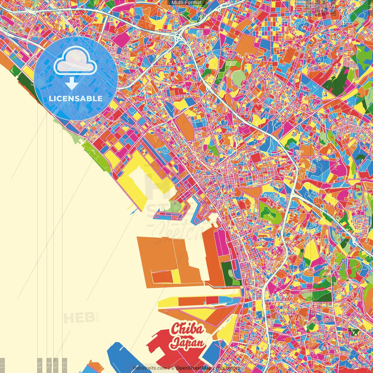 Chiba, Chiba, Japan Crazy Colorful Street Map Poster Template