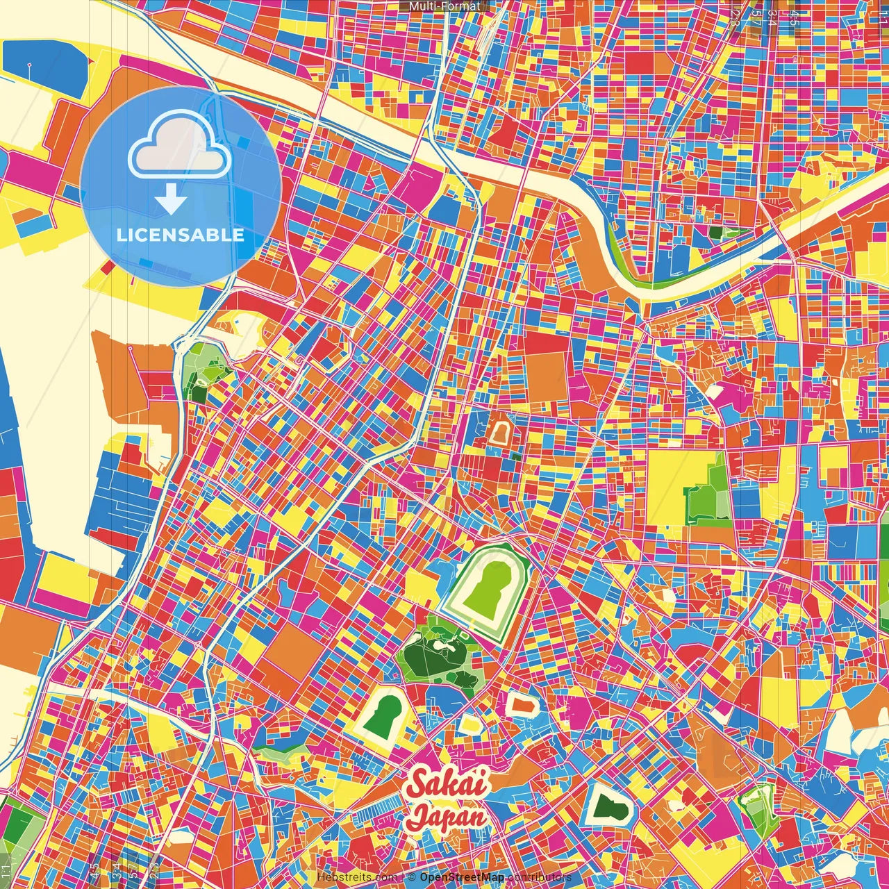 Sakai, Osaka, Japan Crazy Colorful Street Map Poster Template