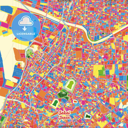 Sakai, Osaka, Japan Crazy Colorful Street Map Poster Template