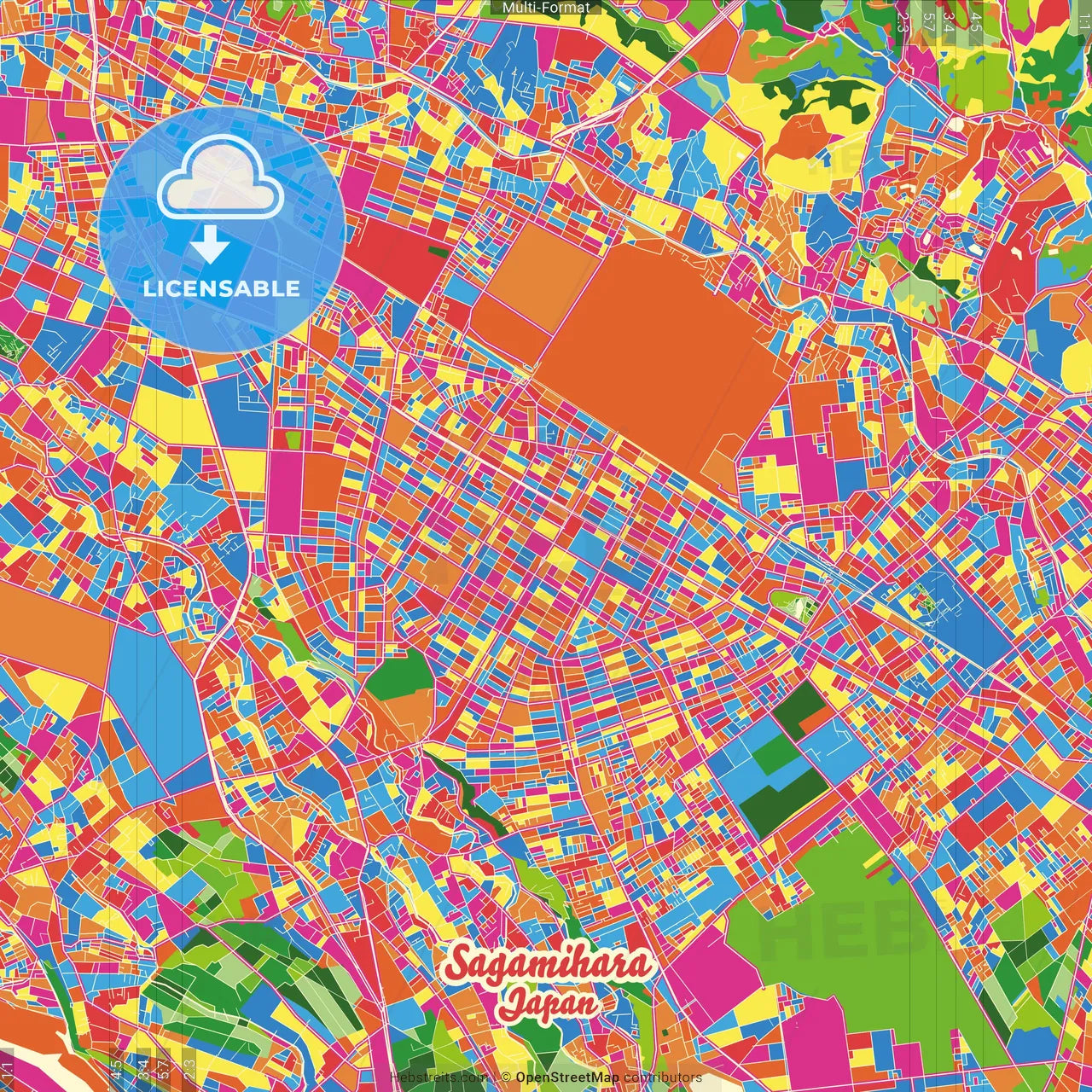 Sagamihara, Kanagawa, Japan Crazy Colorful Street Map Poster Template