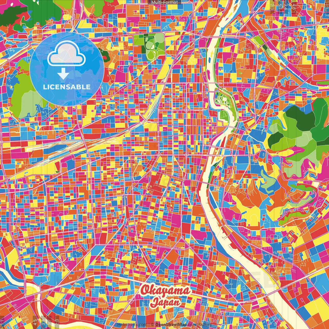Okayama, Okayama, Japan Crazy Colorful Street Map Poster Template