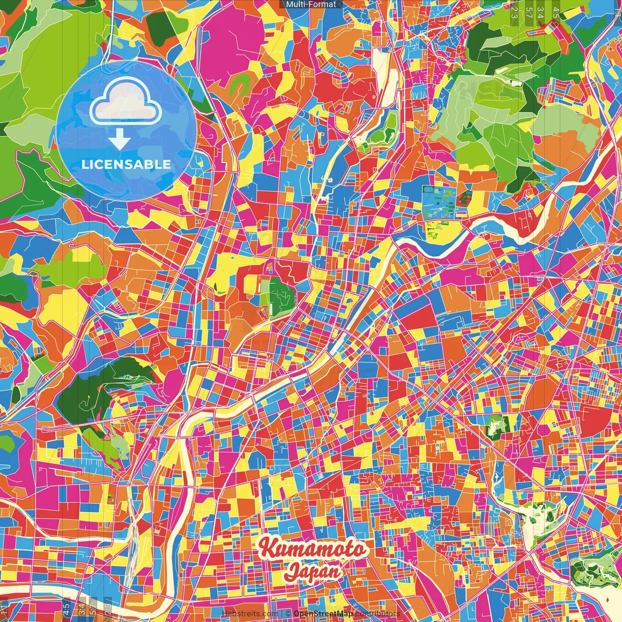 Kumamoto, Kumamoto, Japan Crazy Colorful Street Map Poster Template