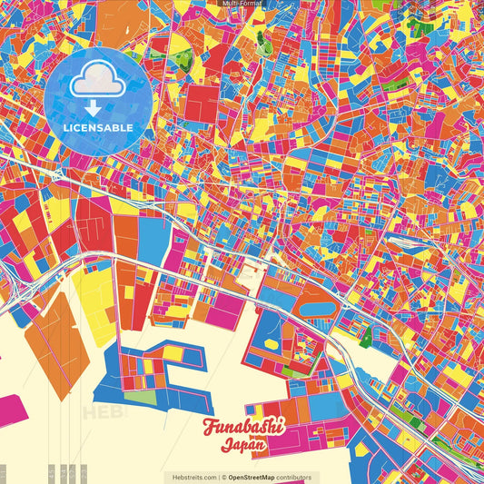 Funabashi, Chiba, Japan Crazy Colorful Street Map Poster Template