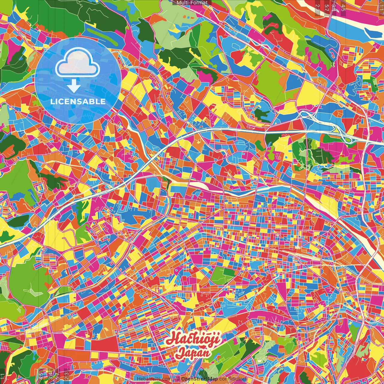 Hachiōji, Tokyo, Japan Crazy Colorful Street Map Poster Template