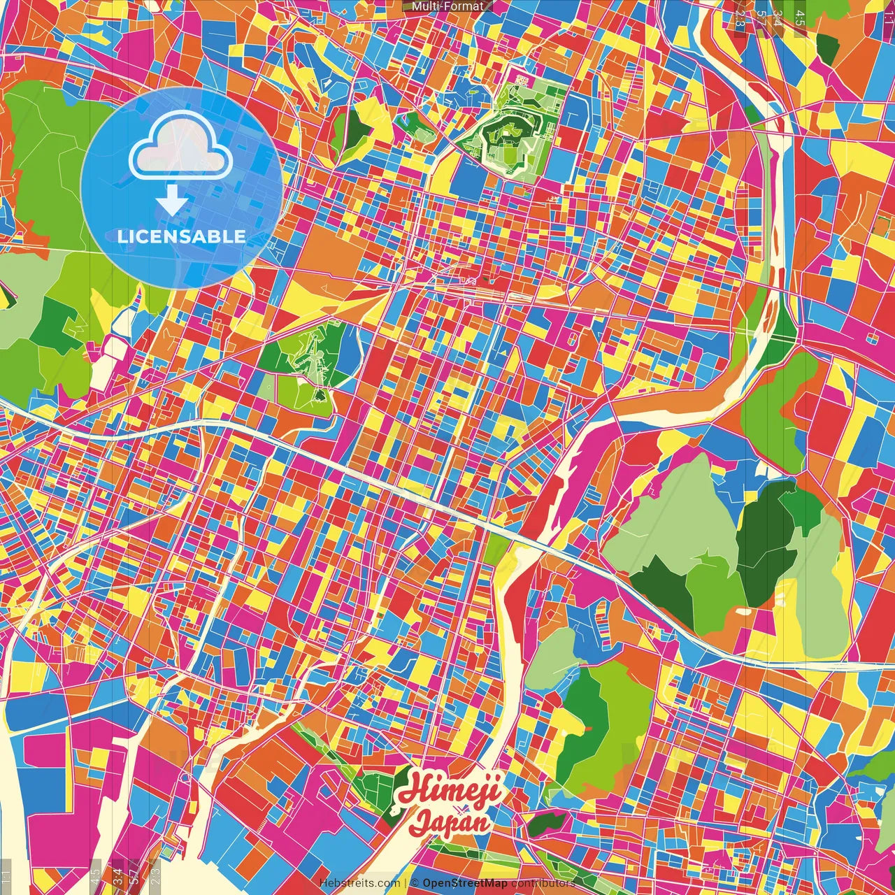 Himeji, Hyōgo, Japan Crazy Colorful Street Map Poster Template