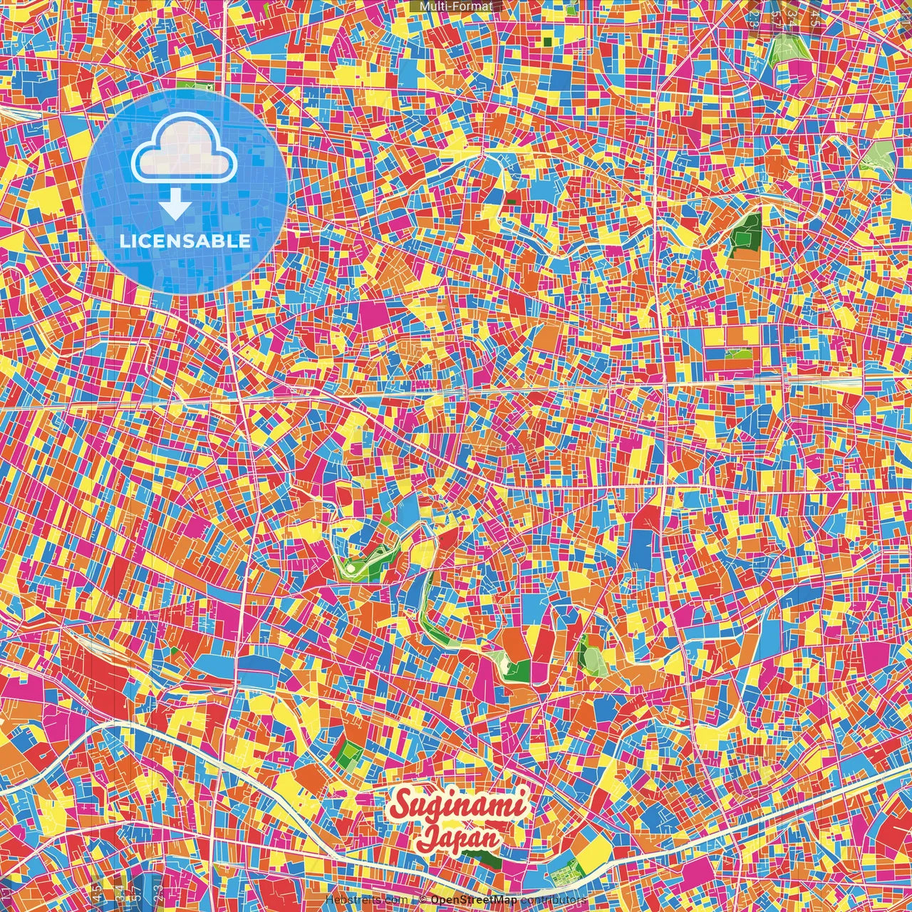 Suginami, Tokyo, Japan Crazy Colorful Street Map Poster Template