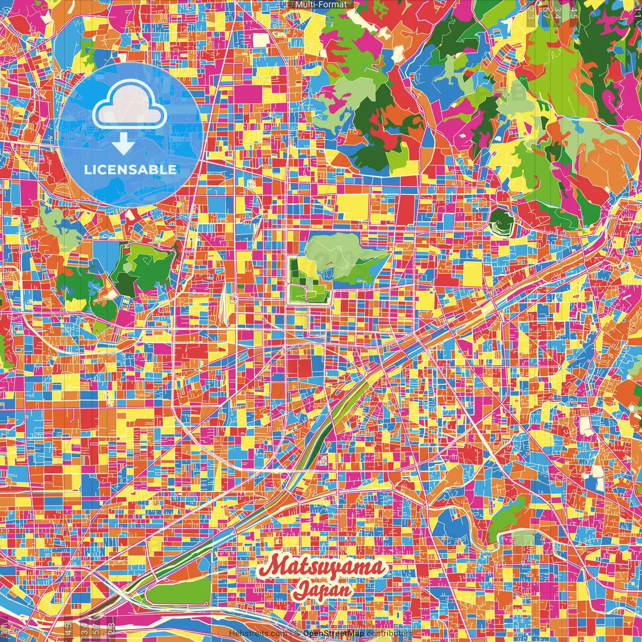 Matsuyama, Ehime, Japan Crazy Colorful Street Map Poster Template
