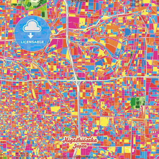 Higashiōsaka, Osaka, Japan Crazy Colorful Street Map Poster Template