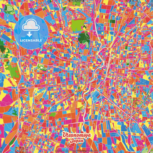 Utsunomiya, Tochigi, Japan Crazy Colorful Street Map Poster Template