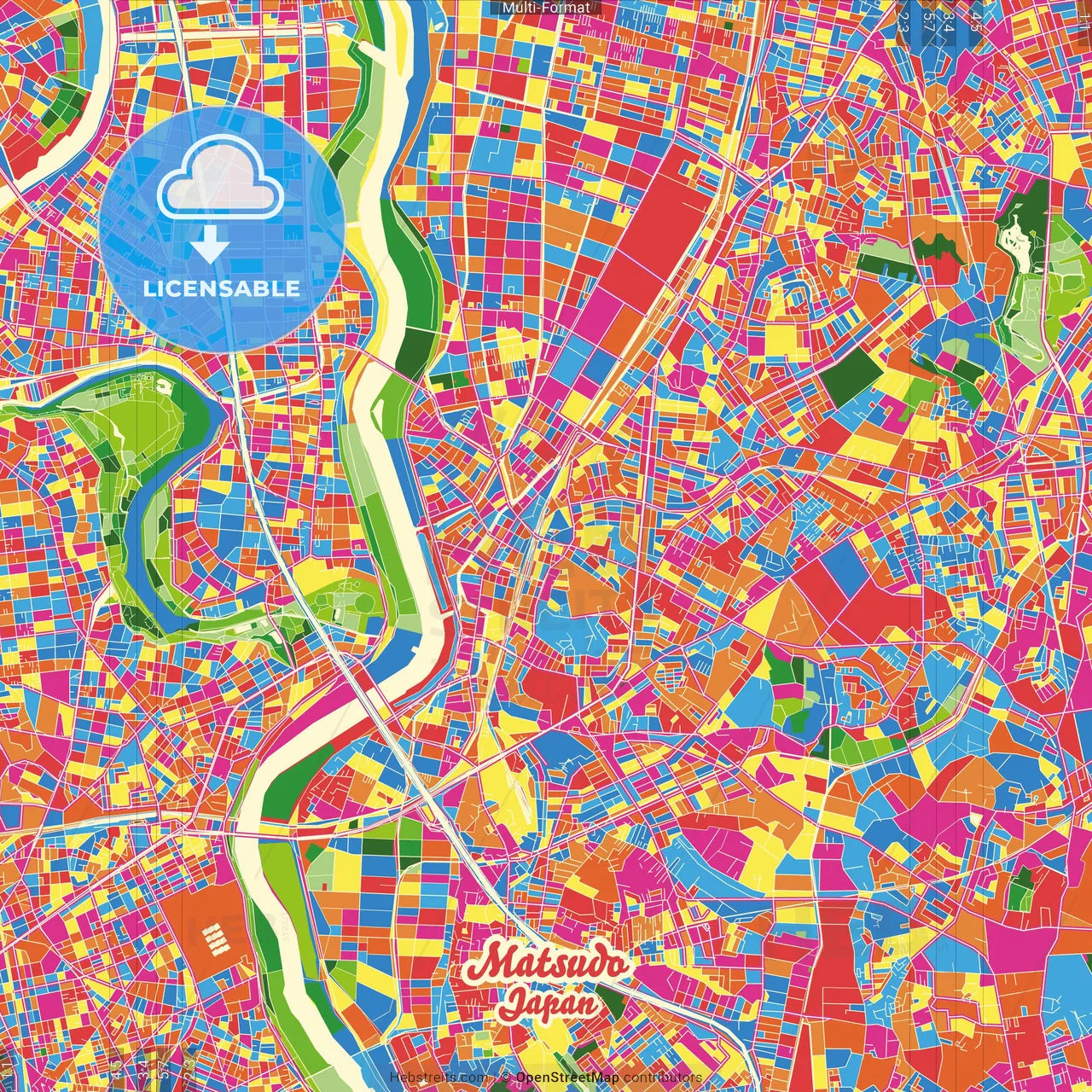 Matsudo, Chiba, Japan Crazy Colorful Street Map Poster Template