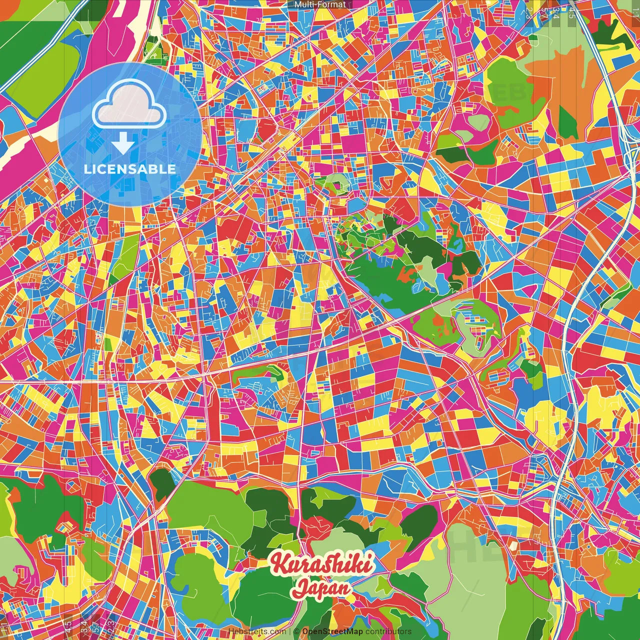 Kurashiki, Okayama, Japan Crazy Colorful Street Map Poster Template