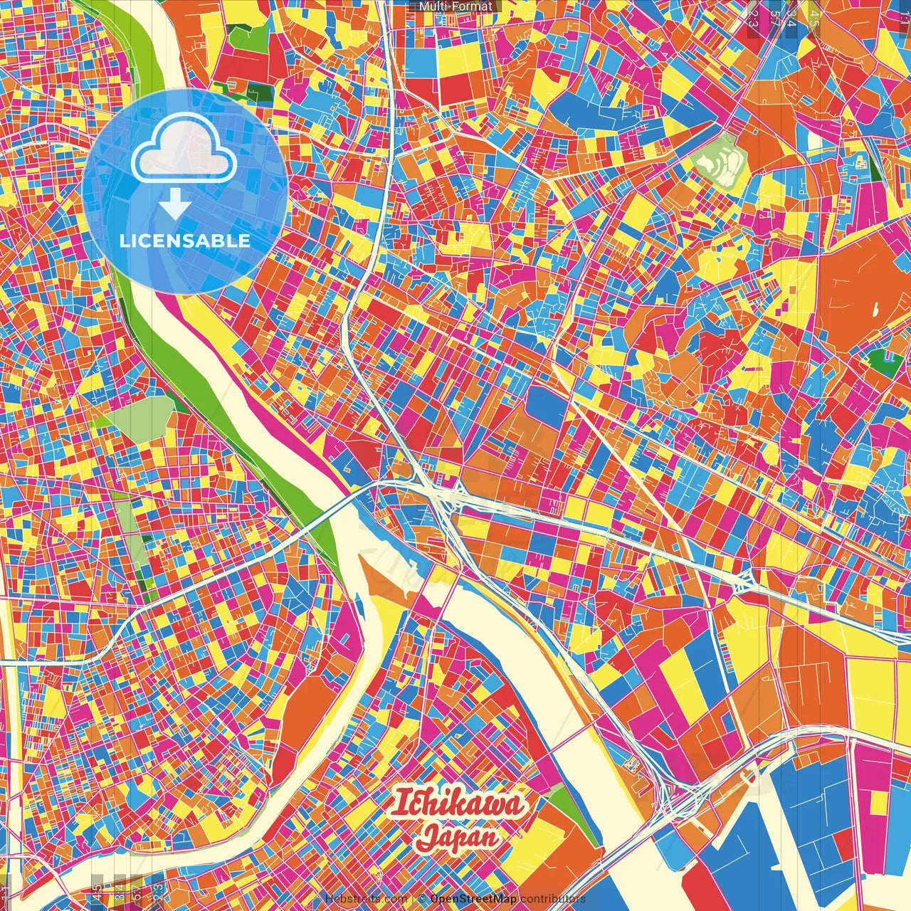Ichikawa, Chiba, Japan Crazy Colorful Street Map Poster Template