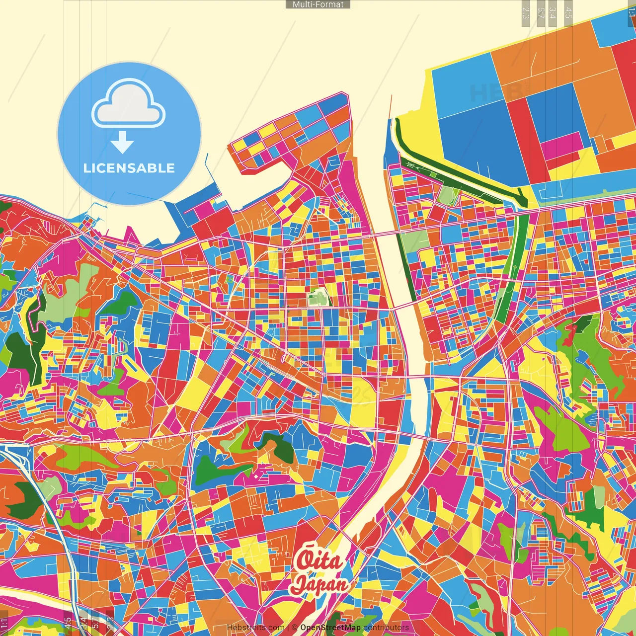 Ōita, Ōita, Japan Crazy Colorful Street Map Poster Template